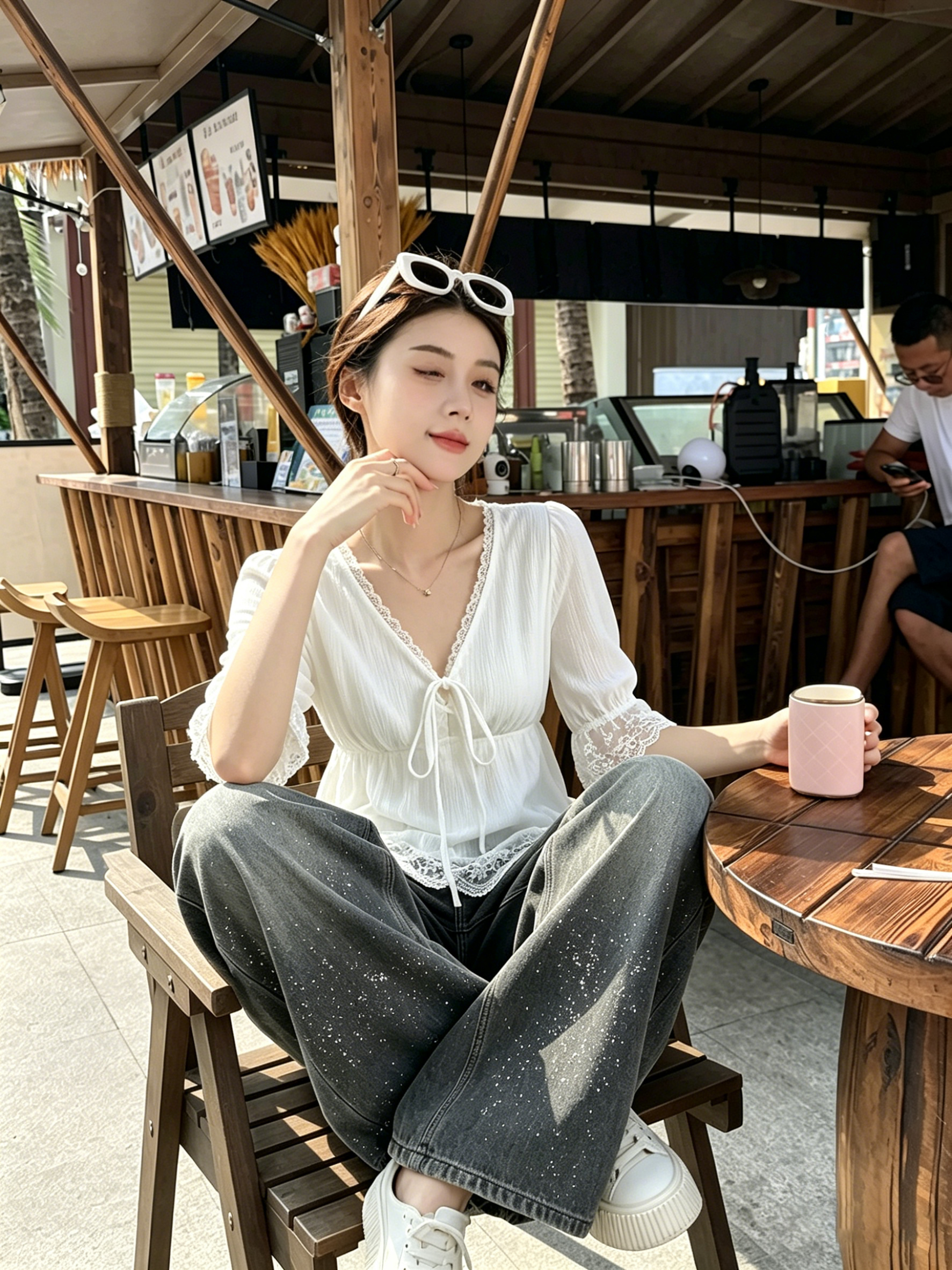 실사 부드러운 바람 레이스 V넥 시폰 셔츠 여성 여름 마이크로 지방 mm 표지 고기 슬림해 보이는 허리 수축 레이스업 다용도 맨위
