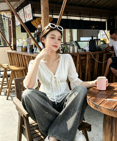 실사 부드러운 바람 레이스 V넥 시폰 셔츠 여성 여름 마이크로 지방 mm 표지 고기 슬림해 보이는 허리 수축 레이스업 다용도 맨위