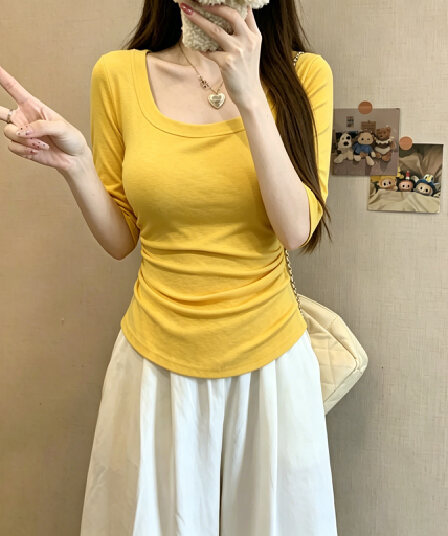 실사 순수한 욕망 바람 u 칼라 맨위 여성 여름 새로운 몸매 가꾸기 슬림해 보이는 주름 다용도 디스플레이 몸 핫걸 기본 셔츠