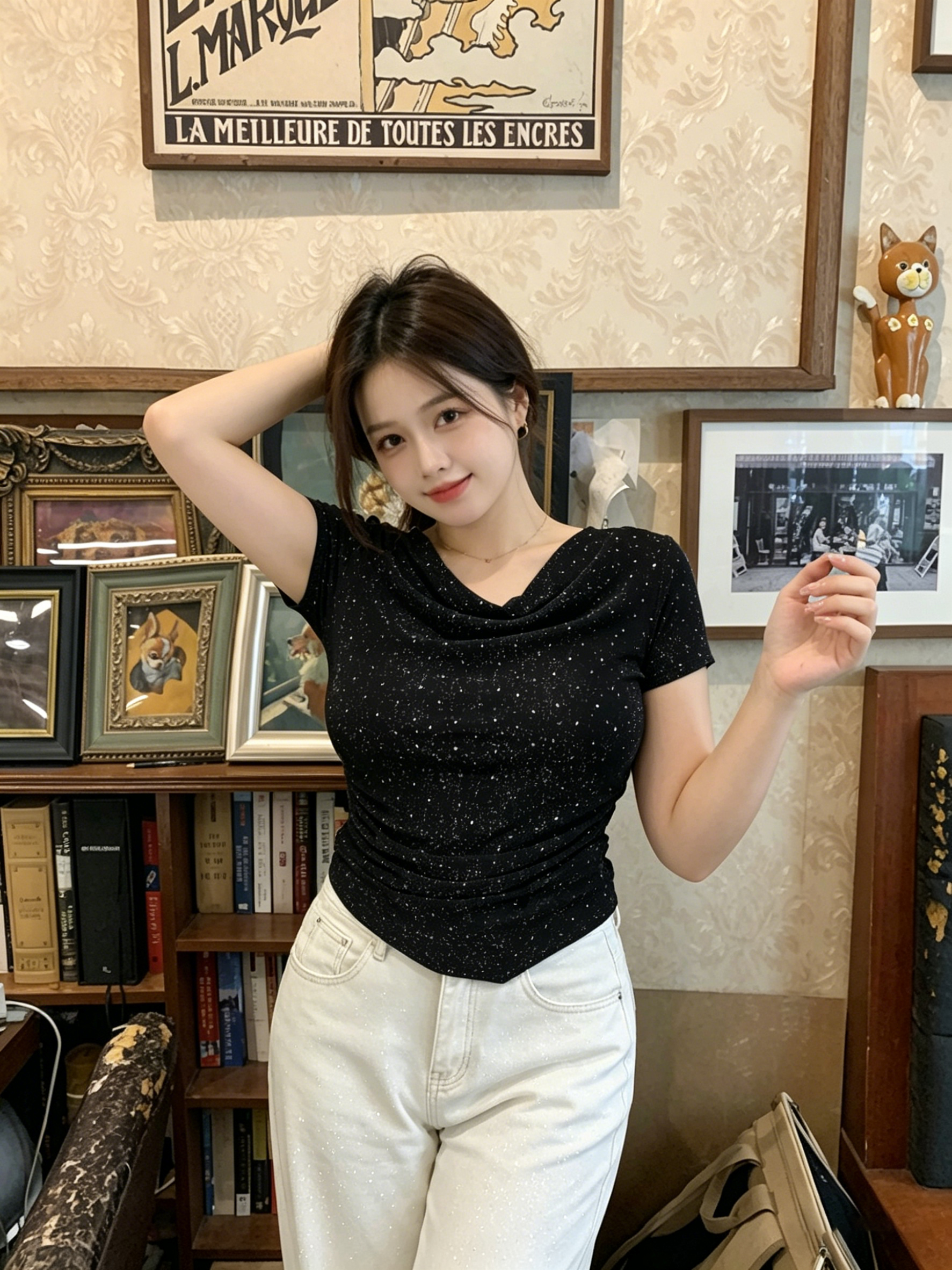 실사 순수한 욕망 바람 황색 핫픽스 티셔츠 흔들다 칼라 말뚝 더미 칼라 몸매 가꾸기 슬림해 보이는 반팔 품격 작은 대중 핫걸 맨위