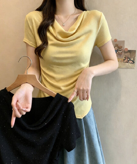 실사 부드러운 바람 황색 허리 수축 티셔츠 흔들다 칼라 말뚝 더미 칼라 마이크로 플래시 반팔 품격 다용도 슬림해 보이는 만나는 맨위