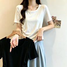 批发实拍~大码收腰恤女夏季新款微胖mm显瘦圆领短袖遮肚褶皱正肩上衣