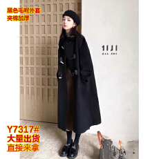 批发黑色牛角扣大衣女<b class='q'>中长款</b>加厚秋冬2025年新款韩系羊角呢子毛呢外套