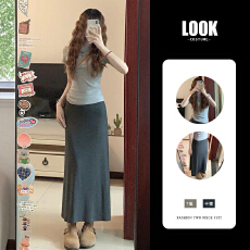 批发巨好看小个子套装女夏灰色圆领短袖<b class='q'>T</b><b class='q'>恤</b>深灰洋气包臀半身裙两件套