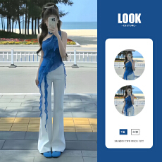 批发小个子<b class='q'>韩版</b><b class='q'>套装</b>女斜肩超仙上衣巨好看的两件套春装新款简约<b class='q'>休闲</b>裤