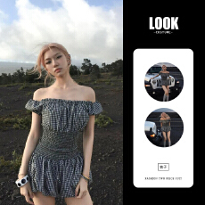 批发美式复古黑白格纹收腰连衣<b class='q'>花苞</b>裤裙一字肩显瘦百搭辣妹连衣裤女