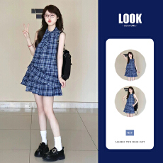 批发蝴蝶结蓝色<b class='q'>条纹</b>格子连衣裙子女夏季2026新款无袖挂脖吊带背心<b class='q'>短裙</b>