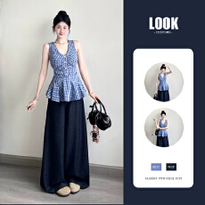 批发夏季套装女2026新款韩系复古甜辣风别致格纹无袖上衣<b class='q'>牛仔</b>裤两件套