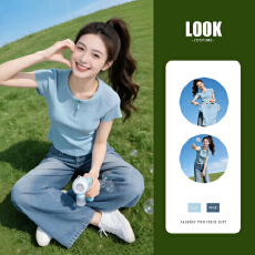 批发浅蓝色圆领半拉链掐腰<b class='q'>短袖</b>T恤女2026夏季休闲百搭巨好看绝美上衣