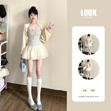 批发韩系温柔风条纹抹胸上衣<b class='q'>女</b>夏季新款灯笼袖针织半身孕裙开衫三件套