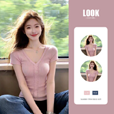 批发设计感镂空短袖上衣女纯欲性感修身针织衫夏季<b class='q'>气质</b>别致显瘦打底衫