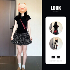 批发韩系减龄休闲<b class='q'>运动服</b>套装女夏季高级感<b class='q'>修身</b>黑色短袖碎花短裙两件套