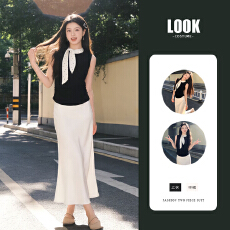 批发巨好看夏装一整套富家千金风miu系穿搭<b class='q'>无袖</b>背心上衣半身长裙套装