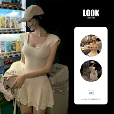 批发法式<b class='q'>甜美</b>U领无袖背心裙荷叶边高腰收腰百褶蓬蓬短裙小个子连衣裙