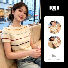 批发韩系甜美学院风杏色圆领条纹短袖<b class='q'>针织衫</b>女春夏季穿搭内搭打底上衣