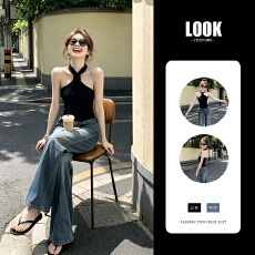 批发黑色坑条小心机修身显瘦短袖<b class='q'>T</b><b class='q'>恤</b>2026新款夏季炸街独特漂亮牛仔<b class='q'>裤</b>