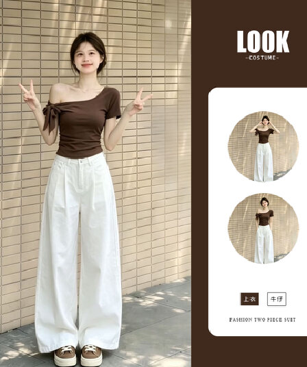 커피 색상 티셔츠 여성 여름 새로운 프랑스식 우유 부서 부드러운 패션 품격 슈퍼 잘 생긴 다용도 청바지 투피스 세트