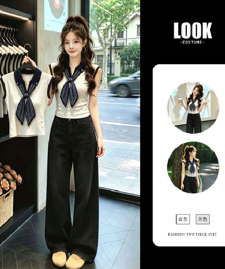 달콤한 핫걸 바람 ootd 착용 가져 가라. 슬림해 보이는 화이트 회색 ins 쇼트 스타일 반팔 다용도 청바지 트렌드 투피스 세트