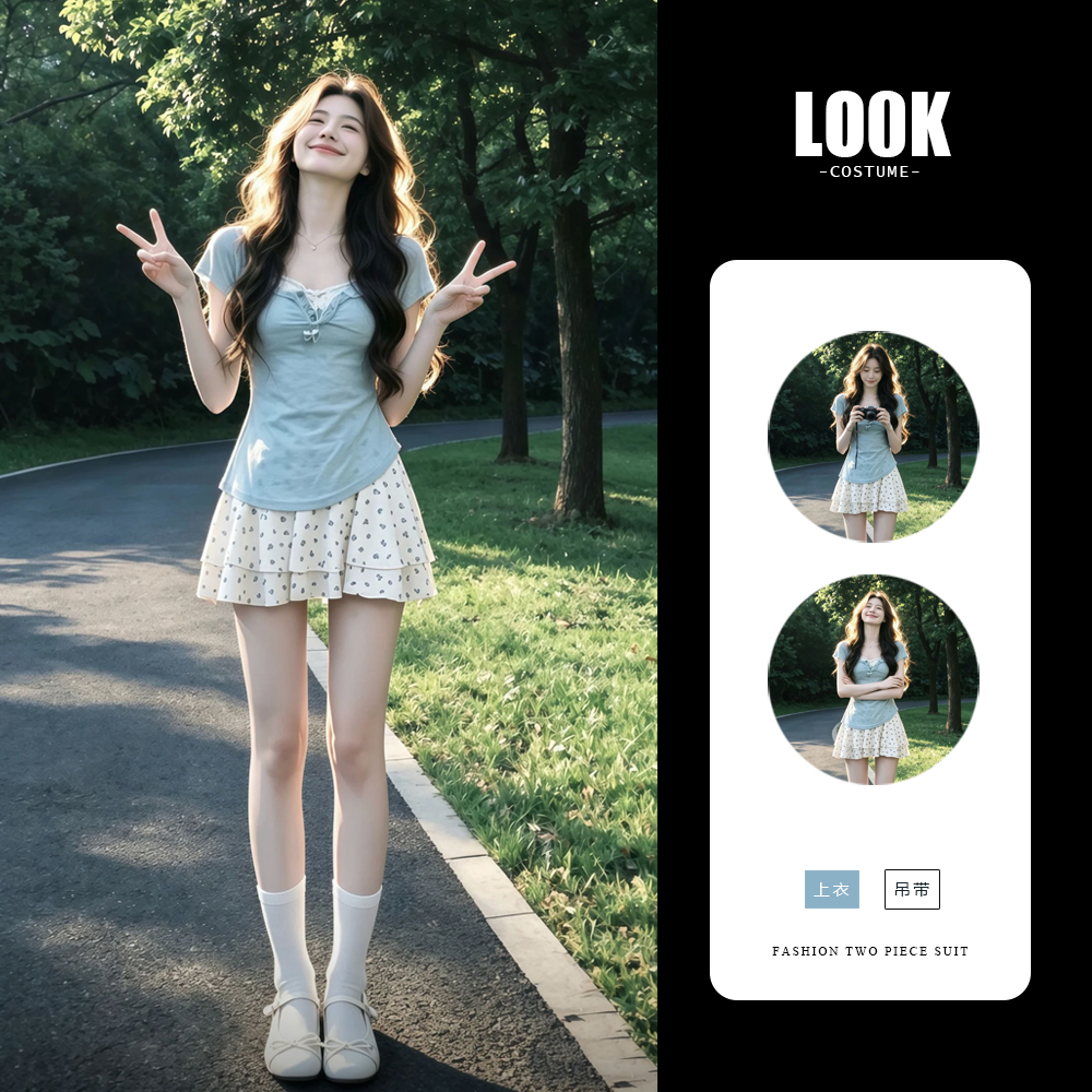 한 부서 chic 파란색 단추 반팔 티셔츠 작은 맨위 여성 여름 순수한 욕망 꽃무늬 슬립 드레스 투피스 세트
