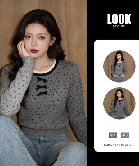 도트 무늬 레이스 나비 매듭 스웨터 여자 가을 겨울철 인사이드 가져 가라. 느긋한 바람 디자인 센스 고유 한 아름다운 고급 센스 맨위
