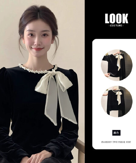 프랑스식 절묘한 나비 매듭 검정색 벨벳 여성 셔츠 가을 겨울 빛 럭셔리 고급 센스 비즈 박기 티셔츠 기본 셔츠 맨위