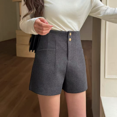 批发毛呢短裤女2025秋冬季新款外穿黑色高腰阔腿A字灰色显瘦靴裤