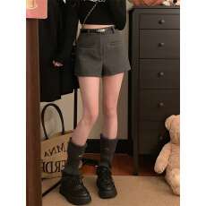 批发秋冬毛呢A字短裤高级感显瘦休闲深灰色热裤靴裤送皮带