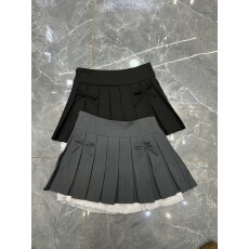 批发好面料新款设计感百褶裙女辣妹蝴蝶结<b class='q'>高腰</b>蕾丝边拼接a字<b class='q'>短裙</b>子