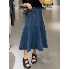 批发蓝色高腰牛仔半身裙女春秋新款复古设计感流行<b class='q'>百搭</b>鱼尾中长款裙子