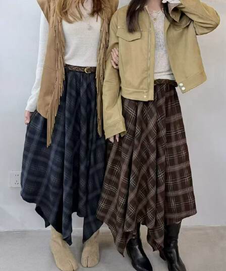 이른 가을 새로운 폭발 한 부서 미니멀리즘 캐주얼 다용도 불규칙 체크무늬 반신 스커트