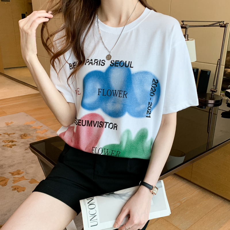디자인 센스 작은 대중 반팔 티셔츠 chi 항구 바람 여성 년 여름 새로운 루즈핏 중간 길이 다용도 순면 반소매