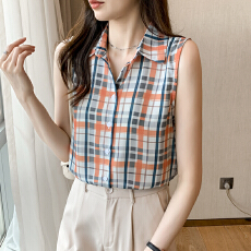 批发实拍洋气夏季格子坎肩背心女外穿衬衫无袖<b class='q'>雪纺</b><b class='q'>打底衫</b>内搭上衣