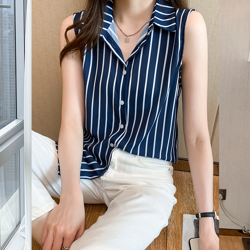 실사 외국 가스 여름 스트라이프 어깨 조끼 여성 외출용 셔츠 민소매 쉬폰 기본 셔츠 인사이드 잡아라. 의류
