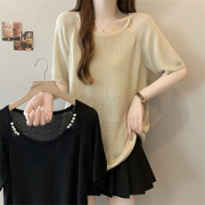 批发实拍超好看香槟色大码夏季胖妹妹钉珠镂空薄款凉感针织短袖上衣女