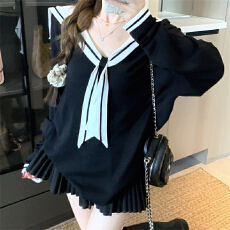 批发实拍  大码女装春秋胖妹妹微胖mm针织海军领长袖撞色宽松上衣