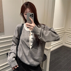 批发实拍 大码女装春秋胖妹妹针织灰色单排扣休闲宽松百搭长袖上衣