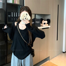 批发实拍 大码女装春秋胖妹妹u领长袖针织打底衫毛衣两件套短款上衣