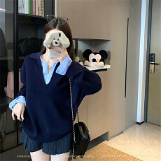 批发实拍 大码女装春秋胖mm假两件条纹针织衫V领撞色<b class='q'>衬衫</b>拼接毛衣上衣