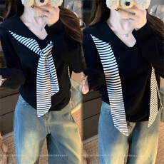 批发实拍 大码女装春秋胖妹妹学院风针织长袖t恤海军领条纹飘带上衣