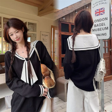 批发实拍 大码女装春秋胖妹妹长袖海军翻领针织减龄<b class='q'>宽松</b>百搭上衣