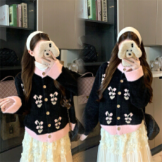 批发实拍 大码女装秋冬胖妹妹刺绣<b class='q'>外套</b>粉色花朵水貂绒开衫<b class='q'>气质</b>上衣