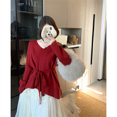批发实拍 大码女装春<b class='q'>秋</b>胖妹妹红色不规则系带v领毛衣针织衫长袖上衣