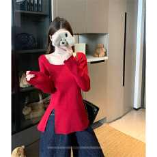 批发实拍 大码女装春<b class='q'>秋</b>胖妹妹红色针织衫方领长袖收腰不规则下摆毛衣