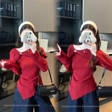 批发实拍大码女装春秋胖妹妹红色木耳边不规则<b class='q'>针织</b>软糯打底衫长袖<b class='q'>上衣</b>
