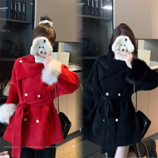 批发实拍 金敏喜 同款翻领黑色高级感大码女装秋冬胖妹妹红色外套