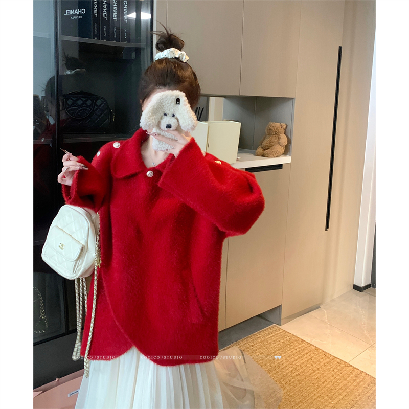 실사 빅 사이즈 여성 의류 봄 가을 통통한 여동생 빨간색 망토 숄 불규칙 단추 베이비 칼라 쇼트 스타일 재킷
