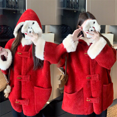批发实拍 新年战袍 过年红色毛领连帽外套大码女装秋冬胖妹妹开衫