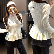 批发实拍 大码女装春秋胖妹妹新款杏色小裙摆设计kitty猫长袖针织开<b class='q'>衫</b>