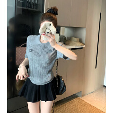 批发实拍 大码<b class='q'>夏</b>季胖mm正肩学院风polo领刺绣字母针织短袖薄款上衣女