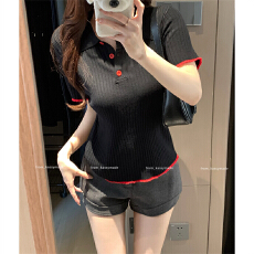 批发实拍大码女装<b class='q'>夏</b>季胖mm正肩韩系polo翻领短袖简约撞色针织薄款上衣